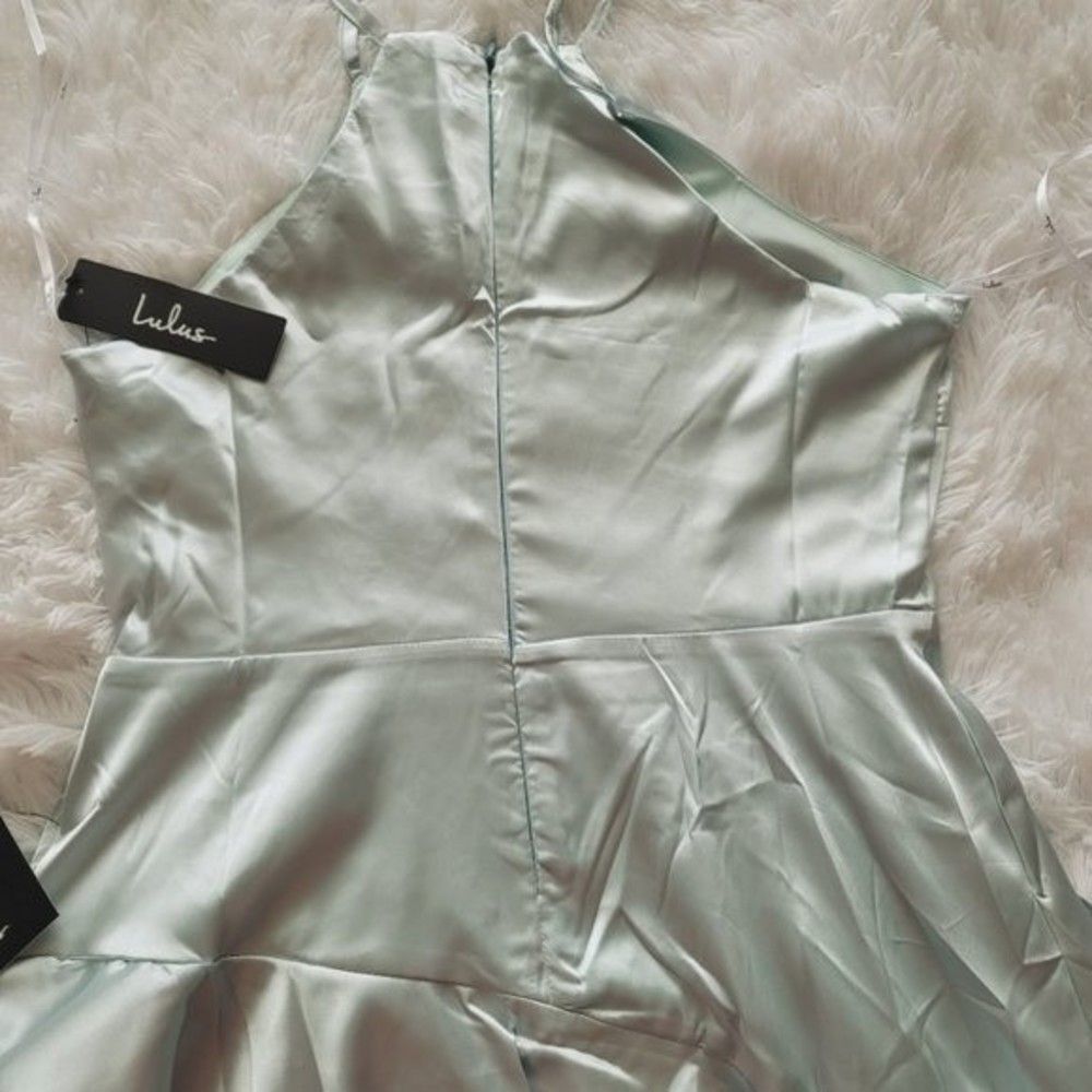 Lulus Mint Blue Satin Tiered Asymmetrical Midi Dress - Picture 2 of 14
